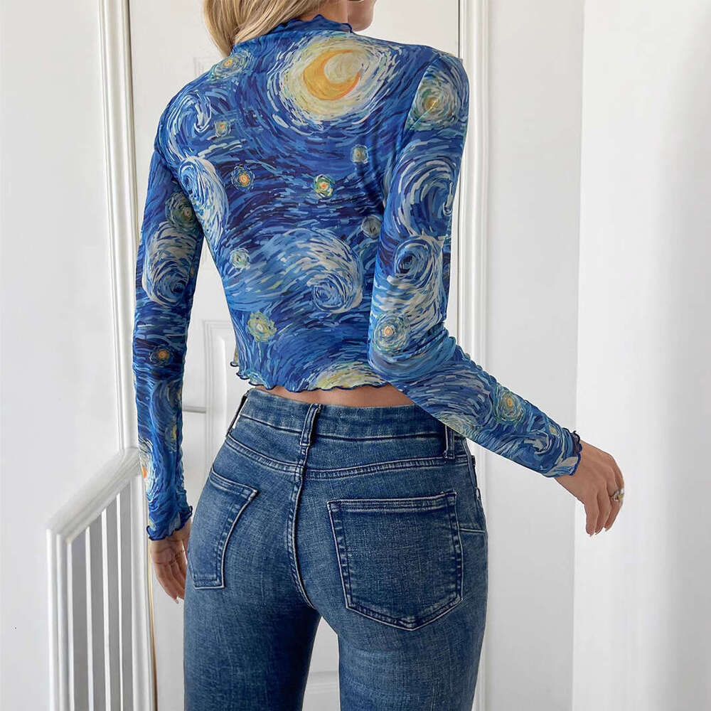 2025 Autumn Winter New Women's Blue Printed Small Stand Collar Starry Sky Mesh Short T-Shirt Top