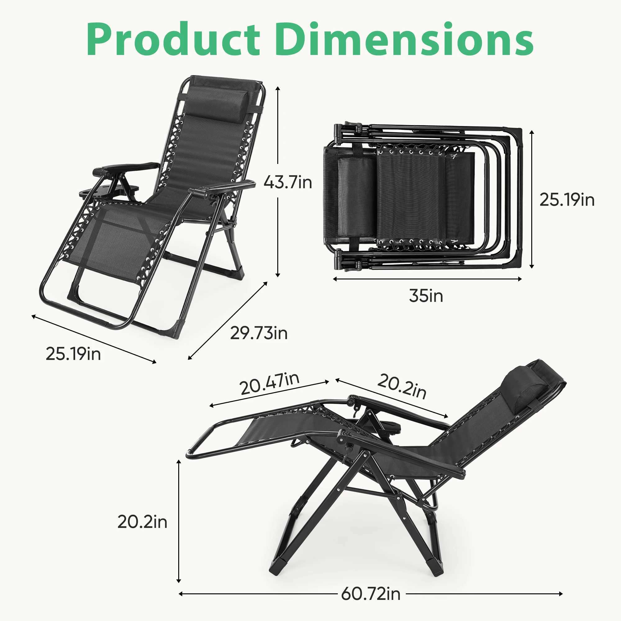 JHK Zero Gravity Recliner Camping Patio Lounge Chair Folding Portable with Cup Holder Trays Removable Cushion For Outdoor Garden J250930