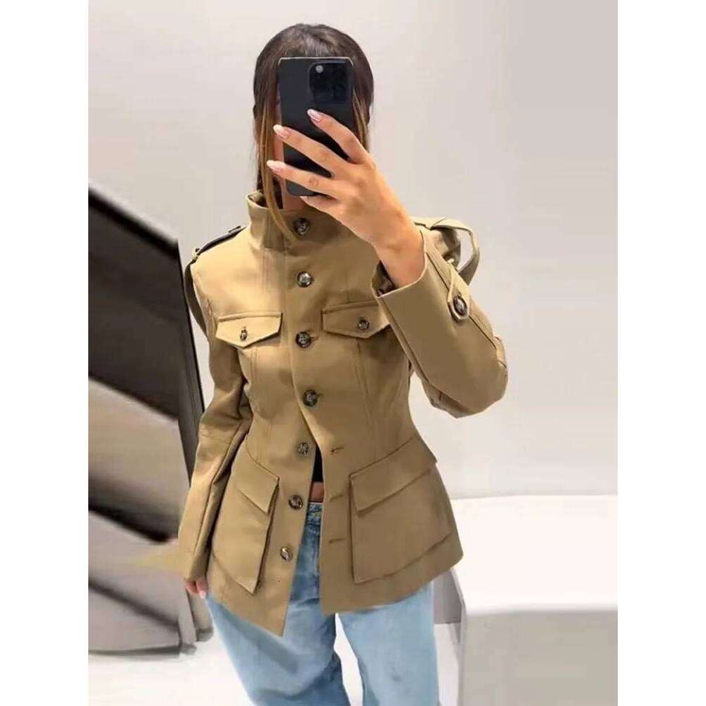 Tidalyf 2025 New Women Casual Jacket High Neck Single Button Shoulder Cuff Strap Pocket Design Chic Fashion Autumn