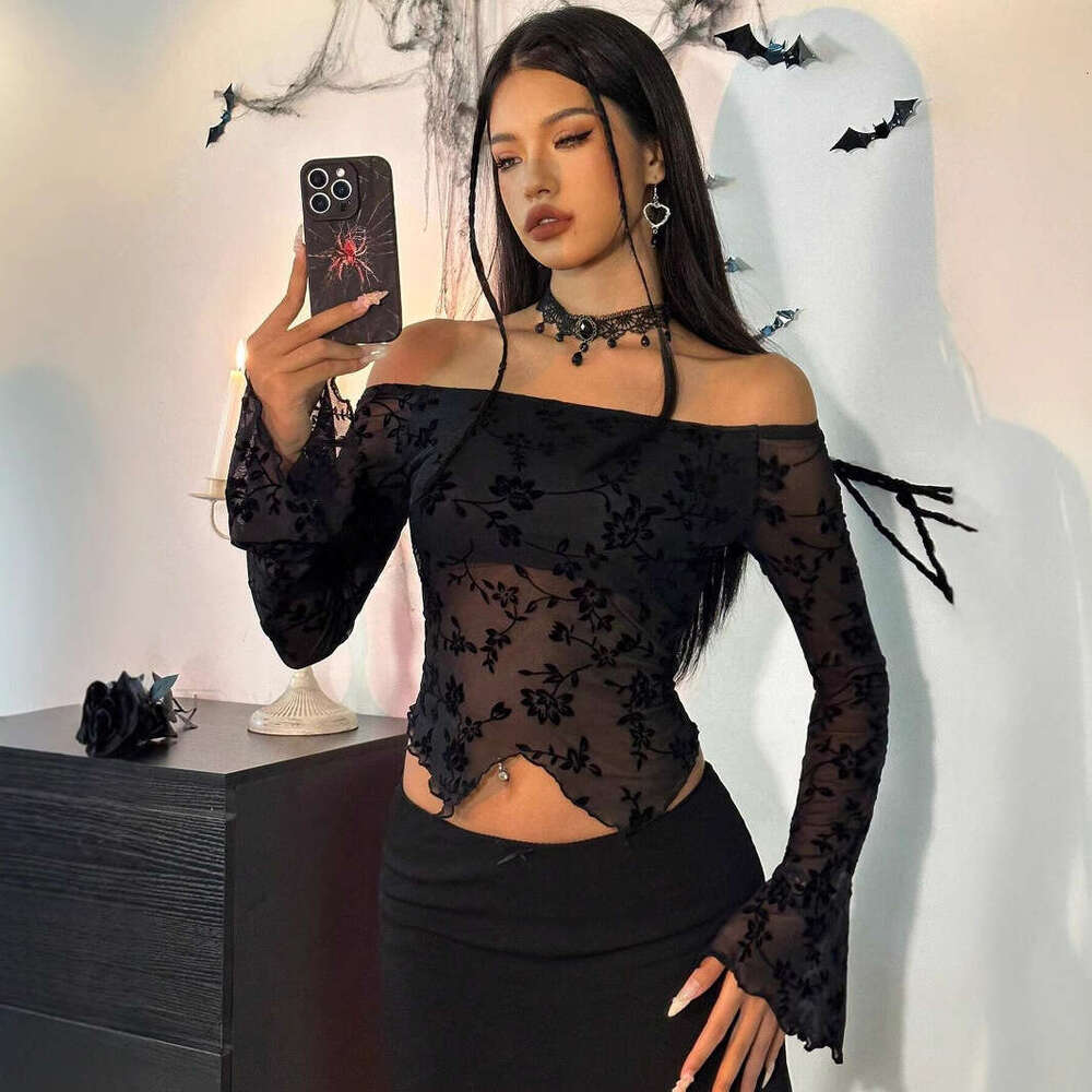 2025 Autumn Winter New Elegant Women's Black Floral Mesh Off Shoulder Flared Sleeve T-Shirt Top for Women