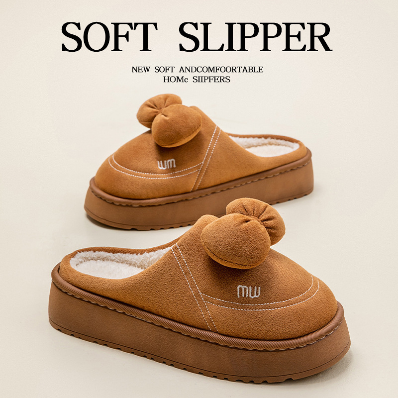 New Bowknot Women, Autumn and Winter Home Thick Sole Fleece Lined Warm Comfortable Maternity Outdoor Cotton Slippers for Women ddmymarket