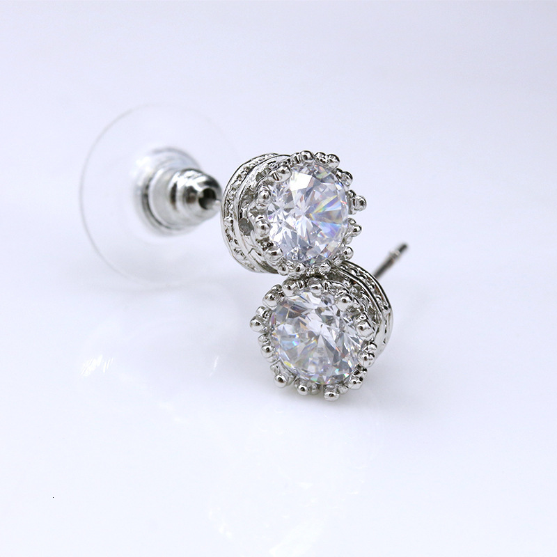 New Sier Plated Round Stud Crown Zircon Earrings Korean Style Ear Jewelry