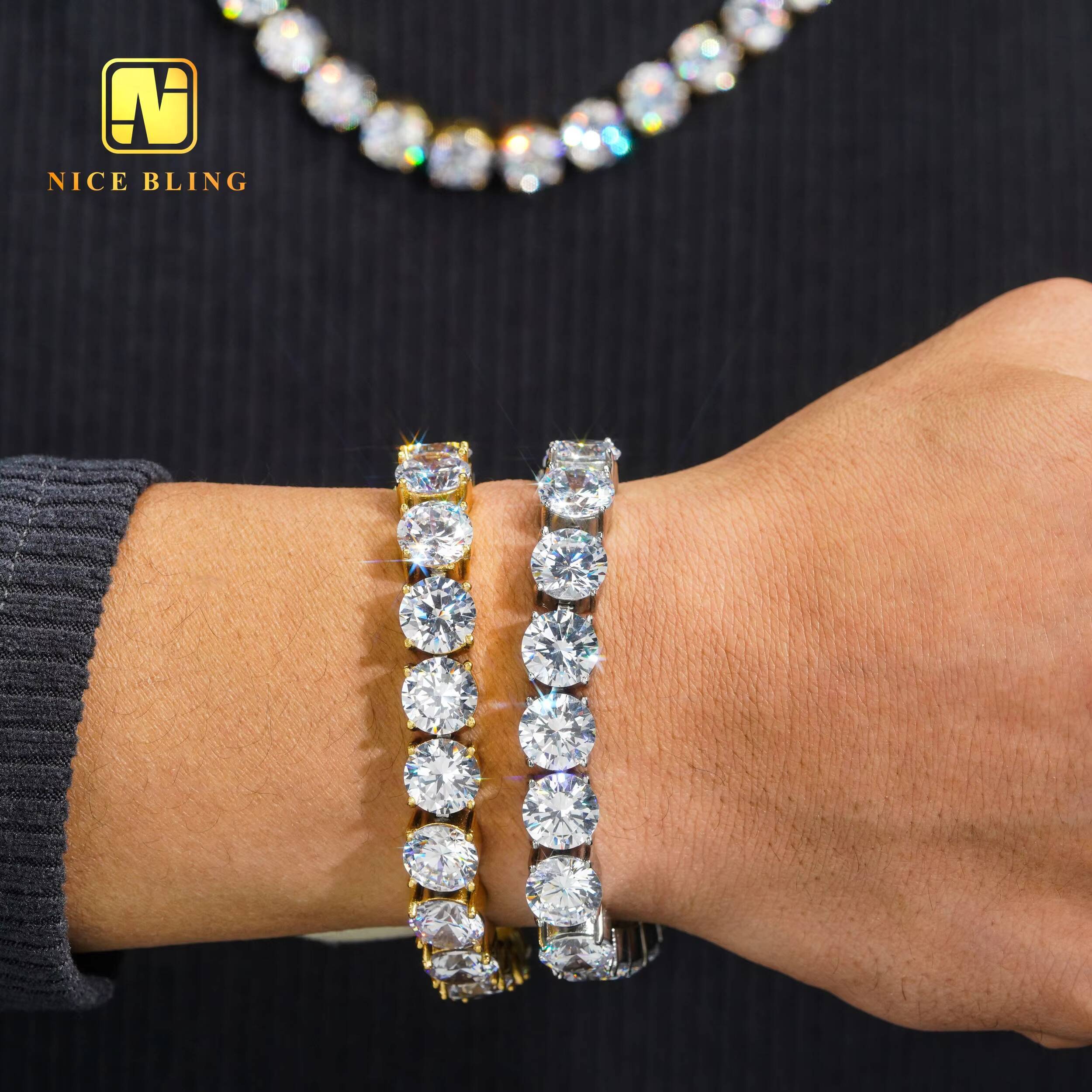 Big Size Iced Out Moissanite Tennis Chains 18k Gold Pvd Plated 10mm 316l Stainless Steel Tennis Necklace and Bracelet for Men Women