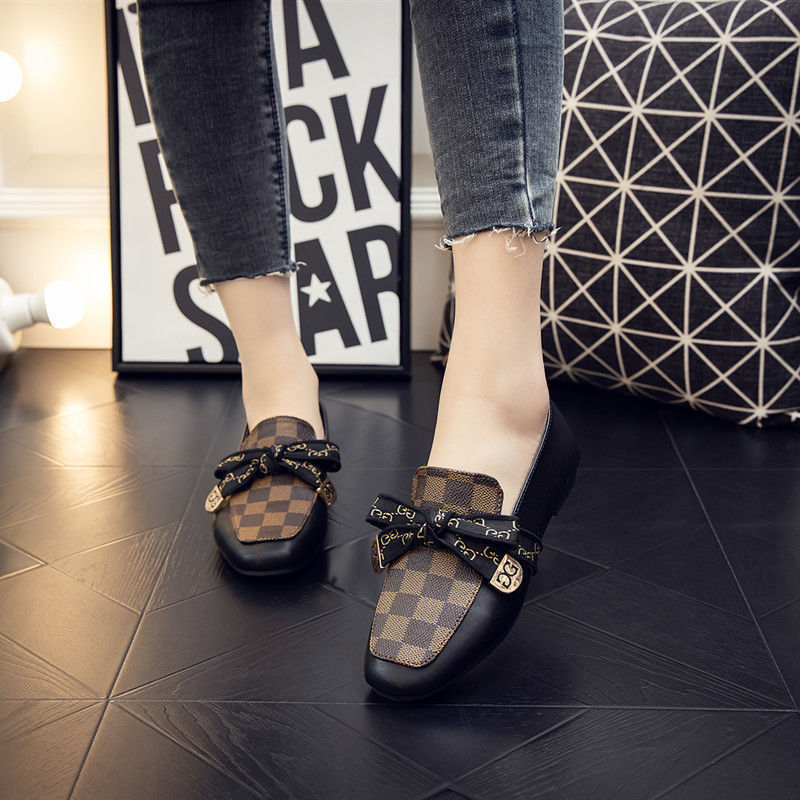 Free Shipping Casual Fashion Womens Shoes Autumn Designer New Bow Square Toe Flat Shoes Soft Sole Comfort Versatile Dress Shoes Size 35 to 40 Brown Bl