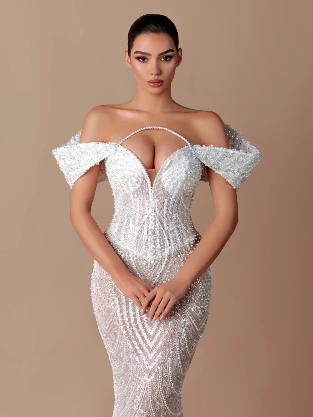 Unique Off Shoulder Wedding Dresses Pearls Sequins Bridal Gowns See Through Beading Mermaid Customized Sweep Train Vestidos De Novia Plus Size
