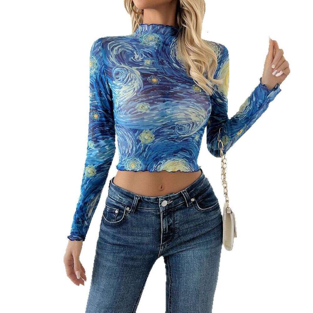 2025 Autumn Winter New Women's Blue Printed Small Stand Collar Starry Sky Mesh Short T-Shirt Top
