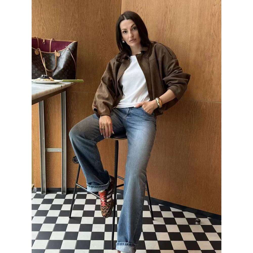 Women Green Suede Jacket 2025 New Spring Fashion Long Sleeve Zipper Oversize Bomber Coat Chic Female High Street Outerwear