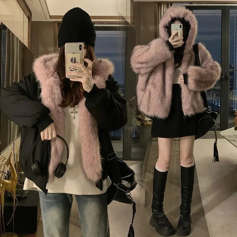 DoubleSided Warm Fur Coat Women Autumn Winter Loose Thicken Plush Cotton 2025 Hooded Mink Outwear 250930