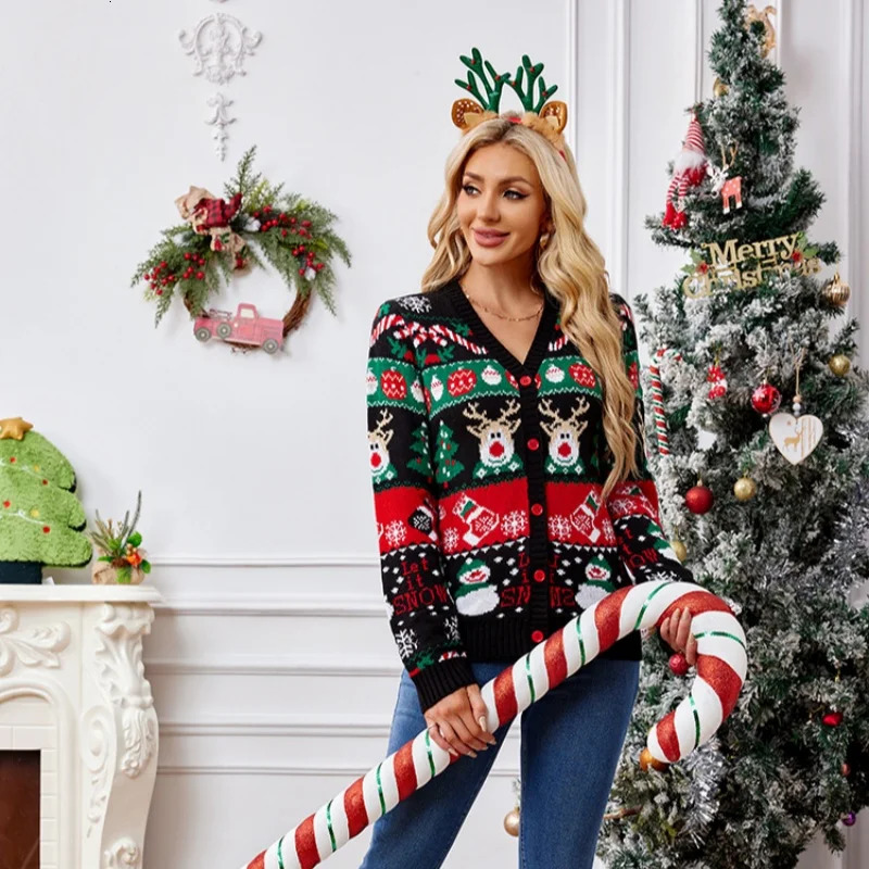 Merry Xmas Holiday Look Womens Knitted Sweater Cartoon Print Full Sleeve Christmas Cardigans Knitwear Warm Soft Jacket Coat Top 250930
