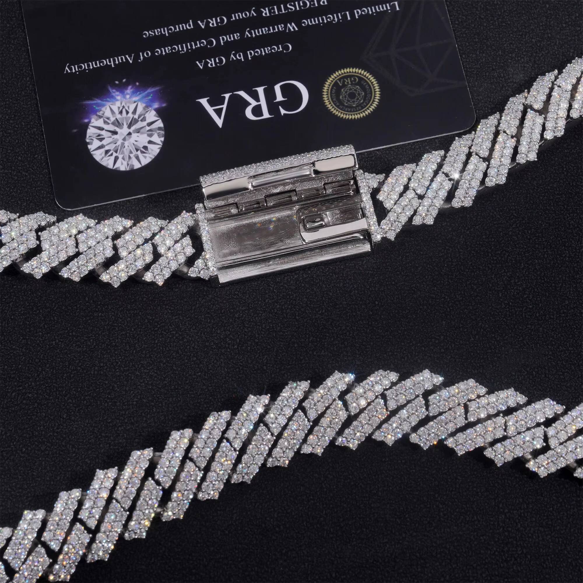 15mm Two Rows Prong Setting GRA Certificate 925 Silver White Gold Plated Iced Out Hip Hop FL Moissanite Diamond Cuban Link Chain