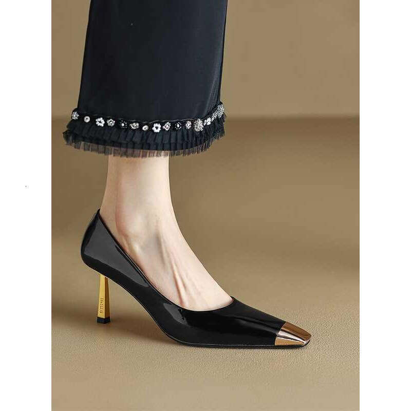 Metal High heels Women Black 2025 Spring New Square Toe Patent Leather Sexy French Style White heelegant Thin heel Pumps