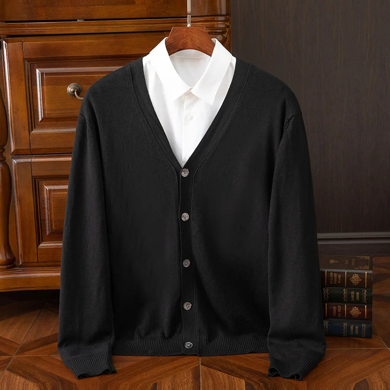 Autumn Winter Vneck Merino Wool Cardigan Mens Cashmere Knitwear Sweater Button Top Casual Basic Business Clothing Tops 250929