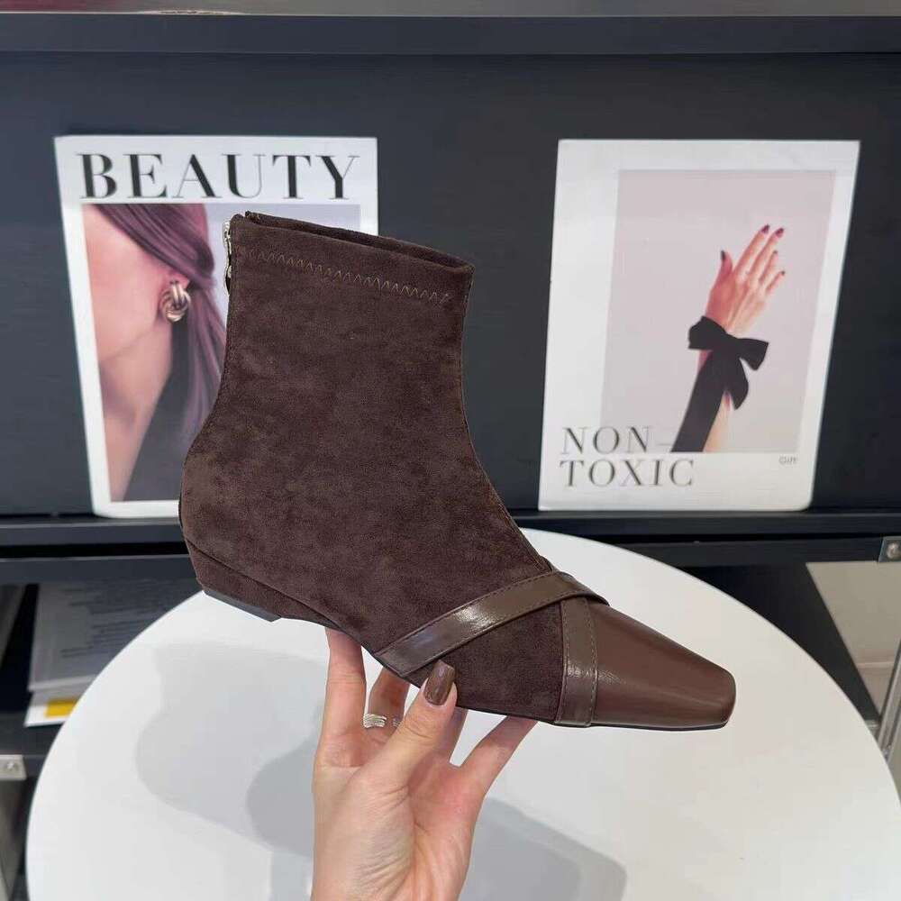 Spliced Square Toe Short for Women 2025 Autumn New Style Back Designer Shoe Zipper Slim Low heel Bare Simple Versatile Fashion Boots