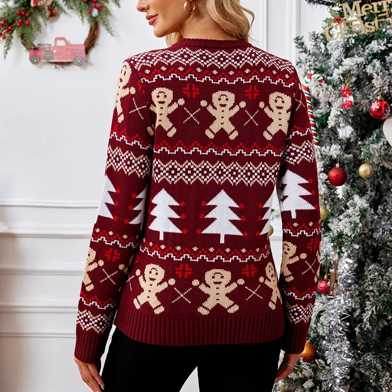 Winter 2025 Christmas Womens Sweater Jacquard Print Full Sleeve O Neck Casual Soft Knitwear Merry Xmas Female Pullover Top 250930