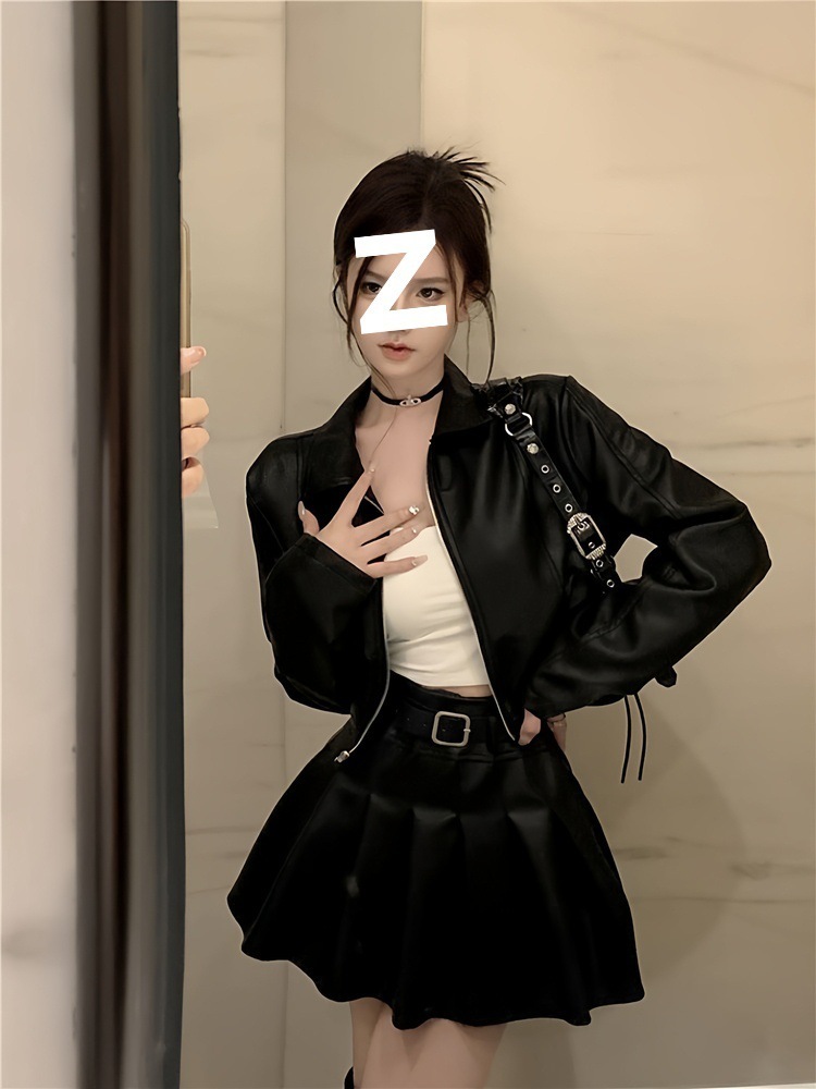 Spicy Girl Short Leather Jacket and Leather Mini Skirt Set for Women Cool and Stylish College Style Black Motorcycle Jacket Full Set 250122