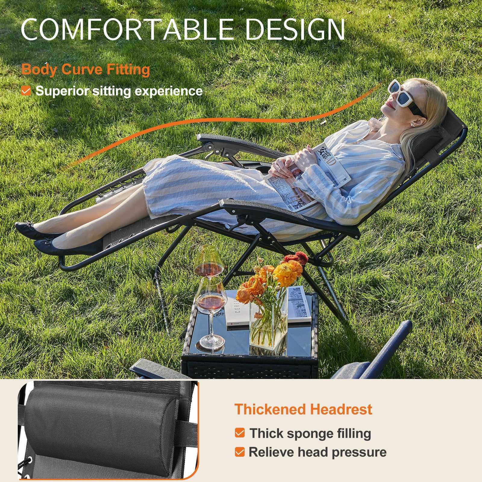 JHK Zero Gravity Set of 2 Portable Recliner Camping Patio Outdoor Garden Lounge Chair with Cup Holder Trays Adjustable Pillow J250930