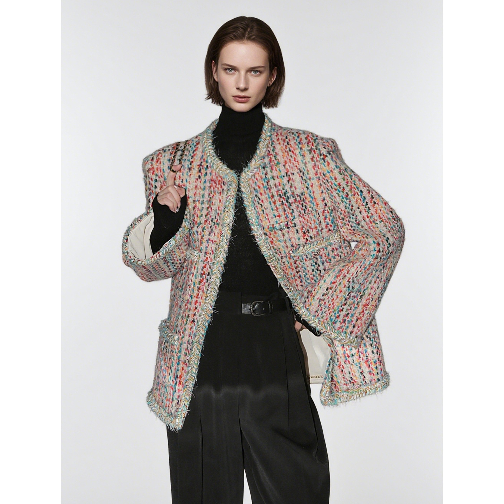 2025 Designer Jacket Color Treasure Yarn Wool Coat Women's Autumn and Winter New Collection Handmade Knitted Coarse Wool design Short Top Luxury 