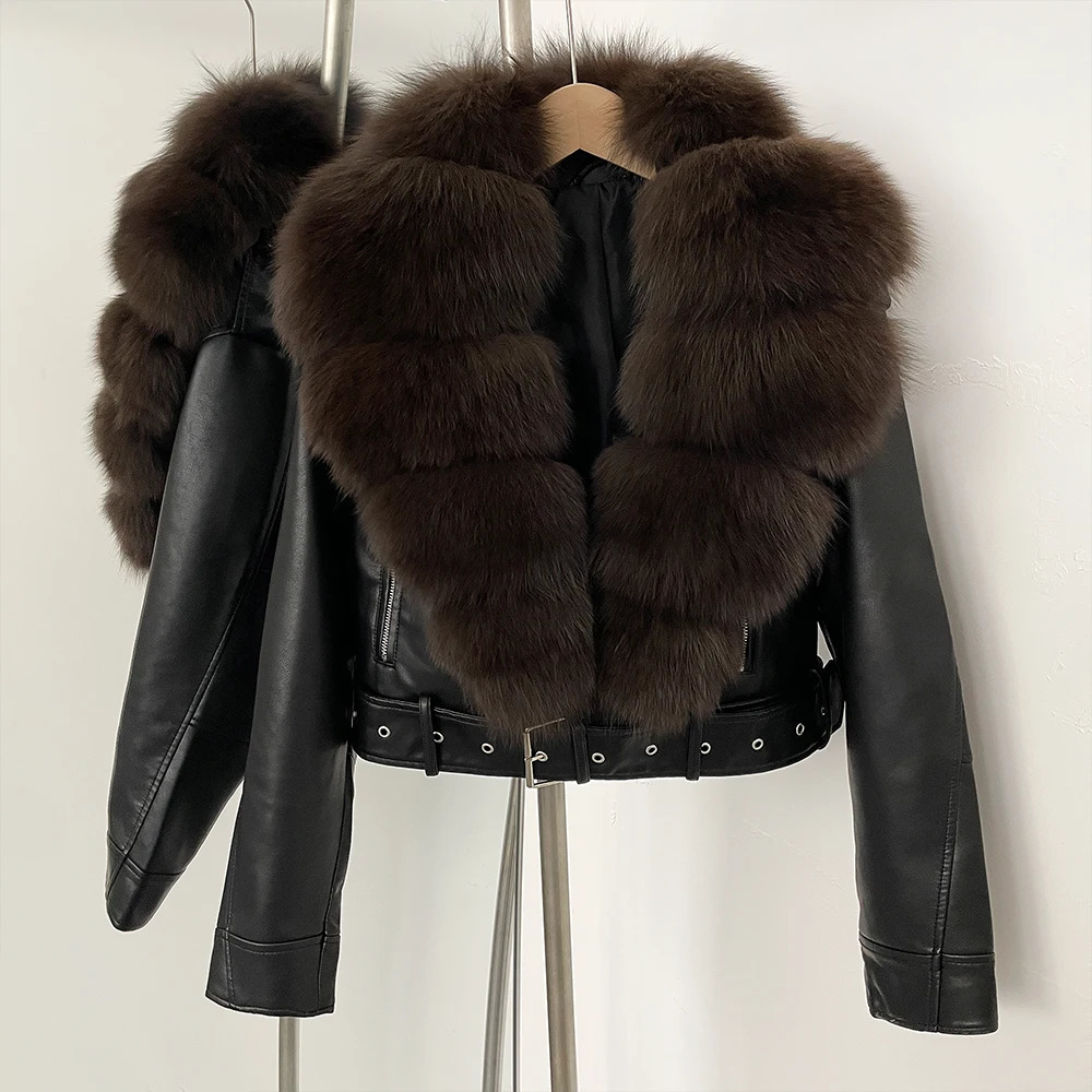 OFTBUY Natural Fur Faux Leather Jacket Female Autumn Short Top Clothing Women Long Sleeve Real Coat 250930