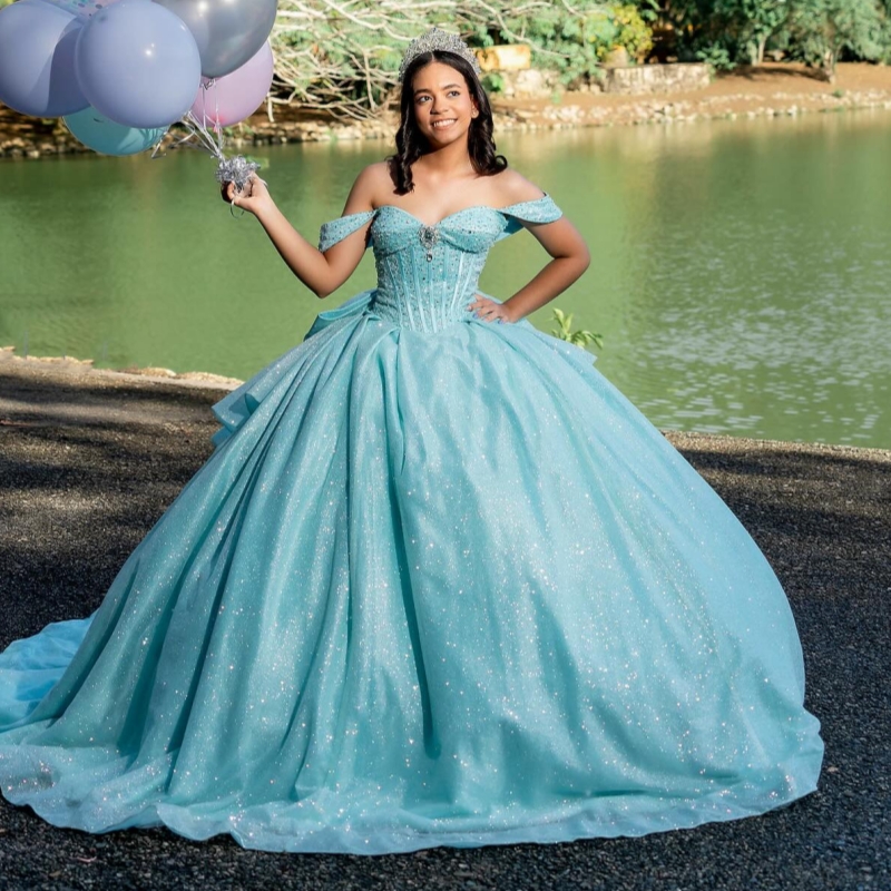 Cyan Shiny Quinceanera Dresses Off The Shoulder Beads Bow Tull Party Birthday Sweet 16 Dress Vestidos 15 De Anos
