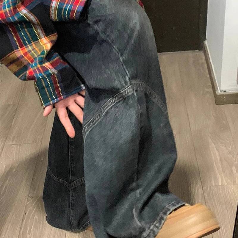 Y2K Spicy Girl Dark Series Wide Leg Jeans Women's New Street Splicing Loose High Waist Slimming Flare Pants dongdumaoyi