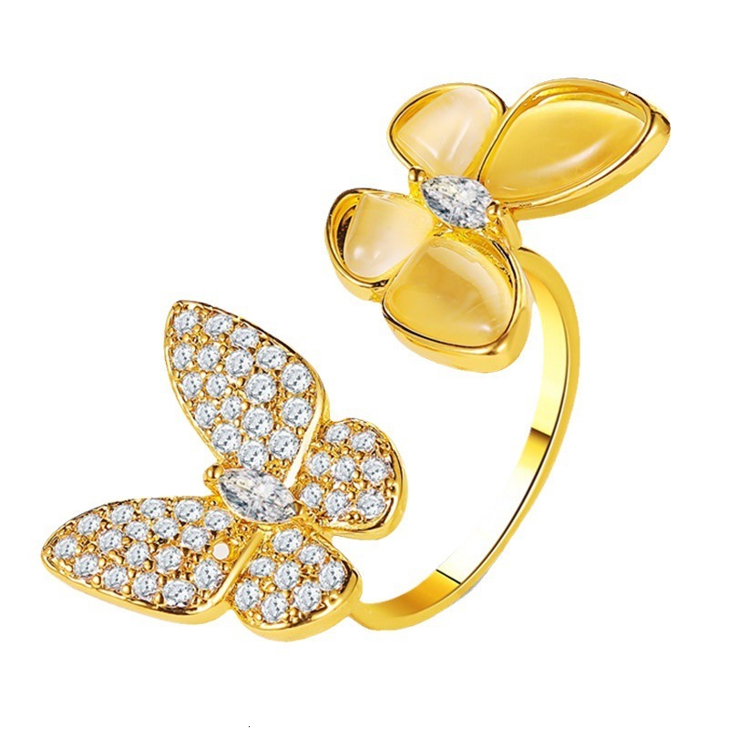 Exaggerated White Mother-of-Pearl Butterfly Fashion Adjustable Open Elegant Cat's Eye Stone Index Finger Ring