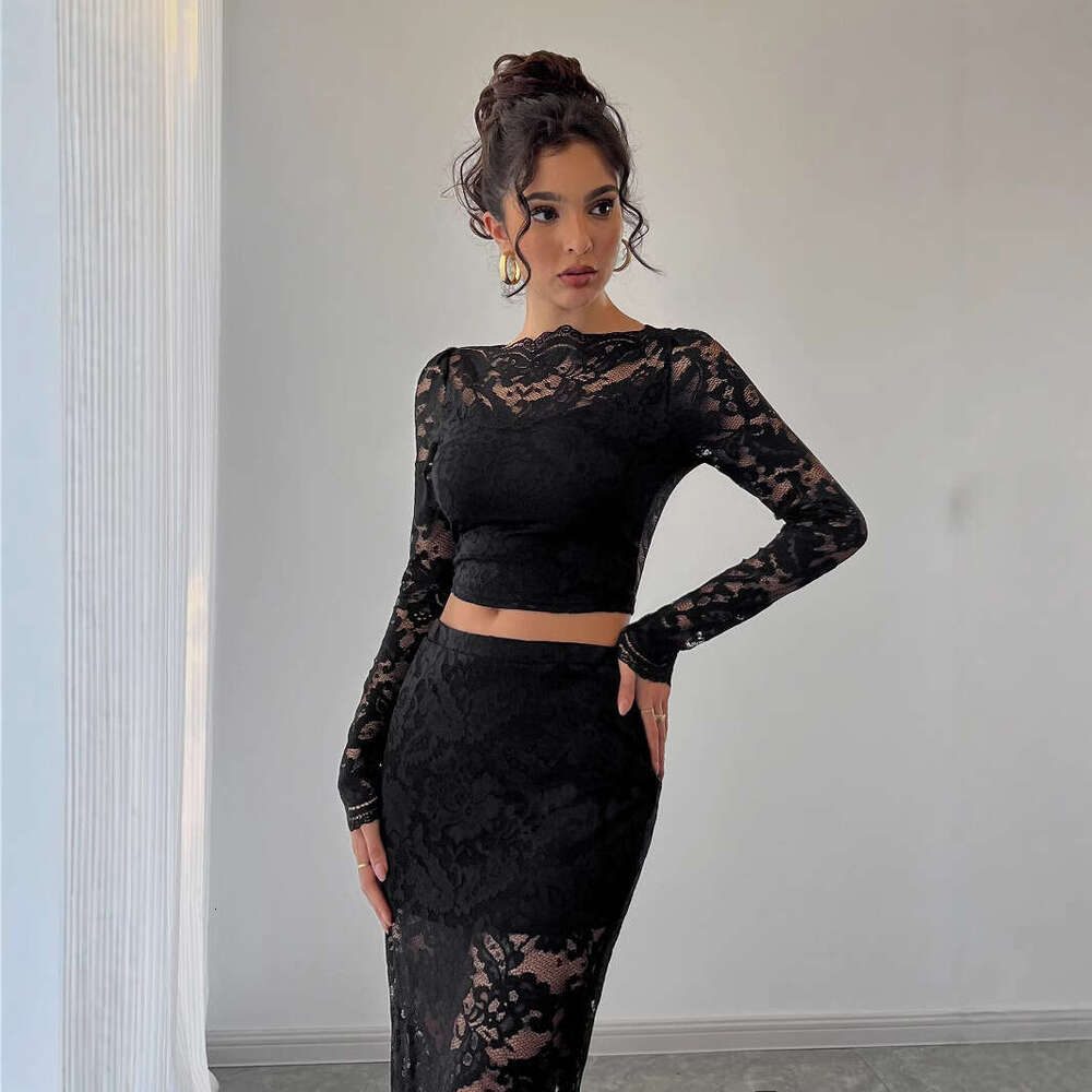 2025 Autumn and Winter New Sexy Women's Lace Jacquard Semi-Transparent Half Skirt Set