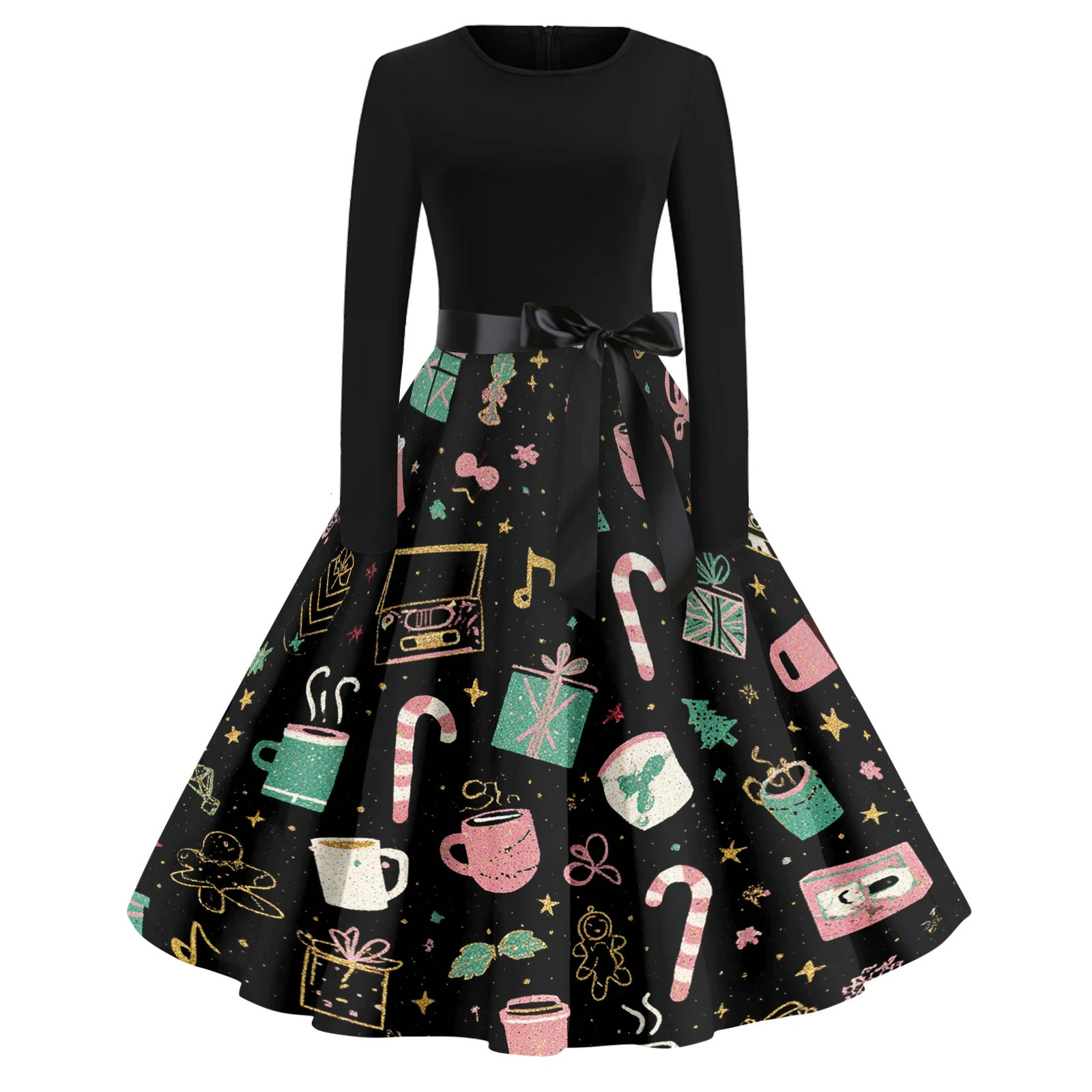 Ladies Casual And Fashionable Comfortable And Breathable Round Neck Christmas Print Retro Dress Suitable For Daily Wear 250930