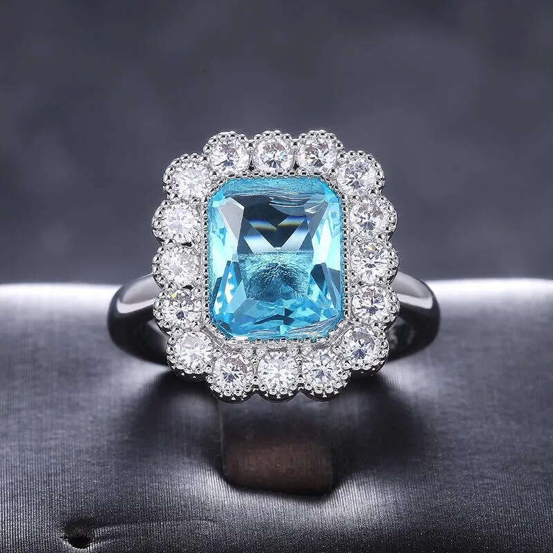 Wholesale Bulk Aquamarine Cluster Rings Sier Wedding Engagement For Women Huge Sky Blue Cubic Zircon Prong Setting Valentine's Gift