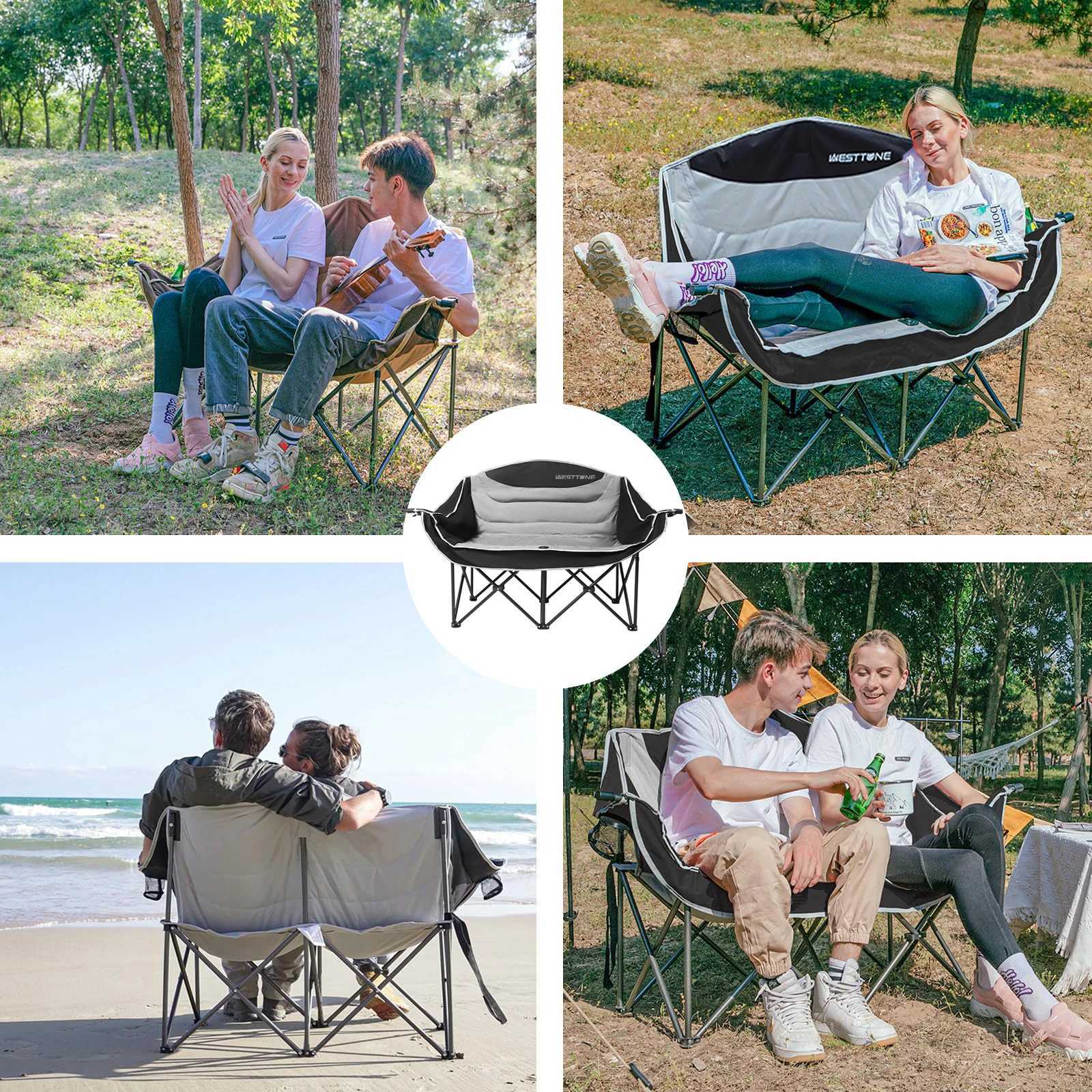 WESTTUNE Oversized Outdoor Couch Double Camping Chair Heavy Duty Outdoor Garden Folding Chair with Cup Holder Support 440 lbs J250930