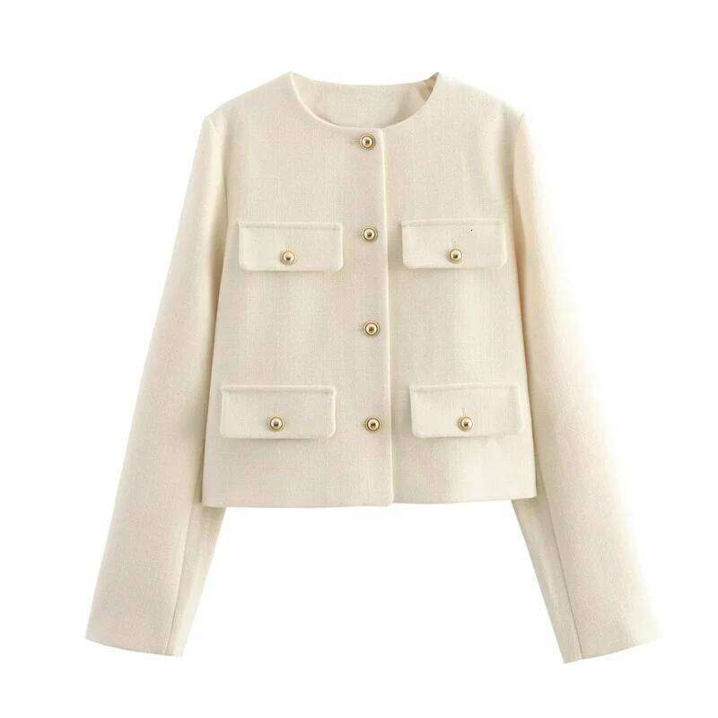 MUJER 2025 Cropped Tweed Jacket Woman Coat Button Long Sleeve Elegant Jackets For Women Short Coats Fashion New In Outerwears