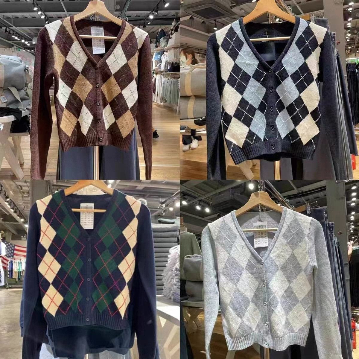 BM Style American College Style Diamond Plaid VNeck Sweater BM Knitted Cardigan Long Sleeve Jacket Womens Top 210512