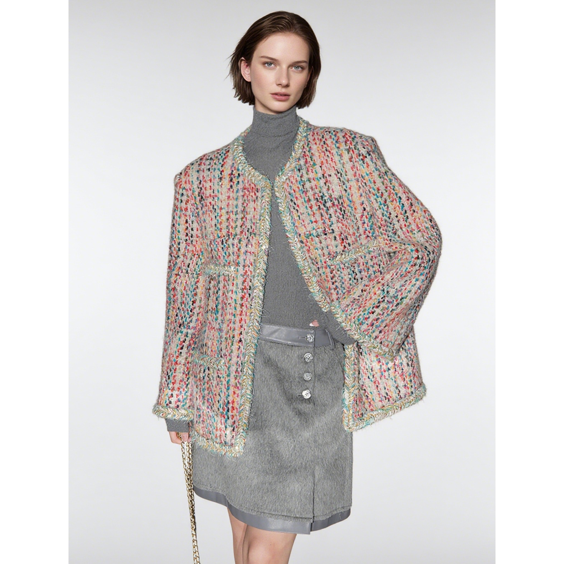 2025 Designer Jacket Color Treasure Yarn Wool Coat Women's Autumn and Winter New Collection Handmade Knitted Coarse Wool design Short Top Luxury 