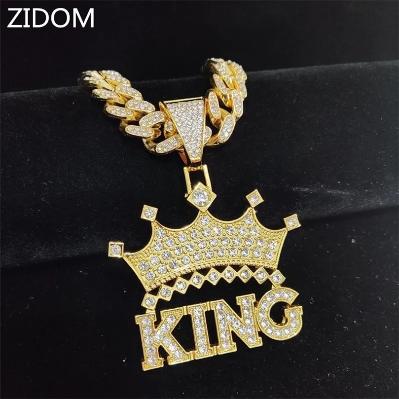 Mens Hip Hop Crown with King Pendant Necklace 13mm Crystal Cuban Chain Ice Out Sparkling Fashionable Charm Jewelry 240807wtt