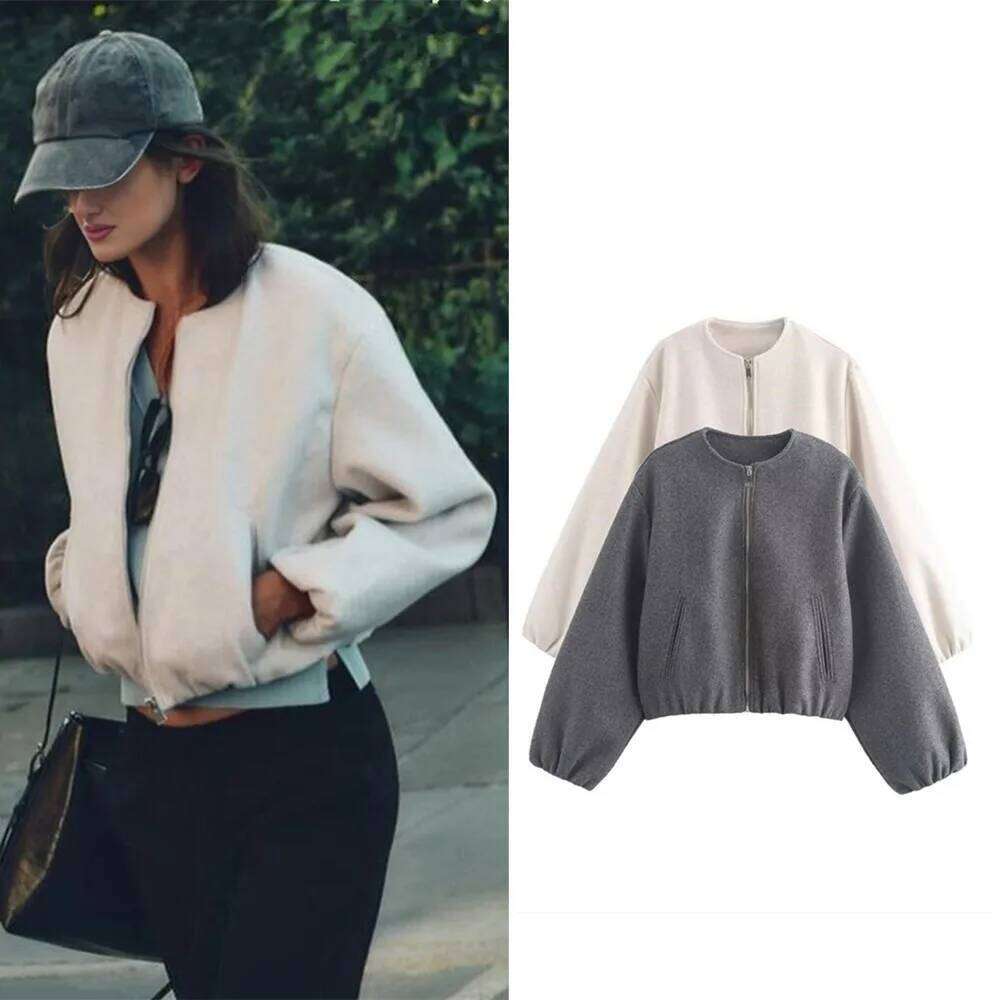 Ladies Fashion Autumn Winter Retro Round Neck Long Sleeve Elastic Hem Zipper Soft Bomber Jacket Women Coat Female