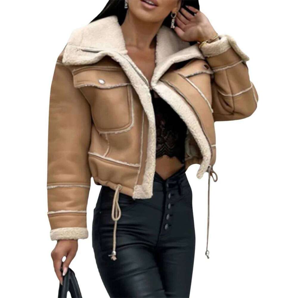 Women Vintage Leather Jacket Faux Fur Open Front Fashion Casual Furry Collar Short Parka Coat Warm Cardigan With Belt