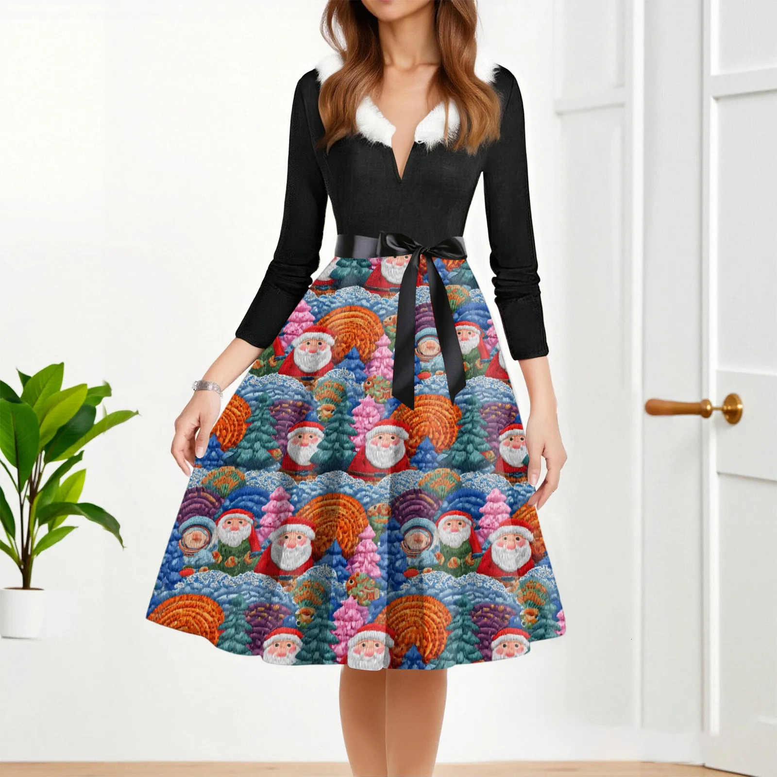 Christmas Ladies Fashionable Round Neck Casual Print Long Sleeved Dress With Large Swing Party And Holiday Attire 250930