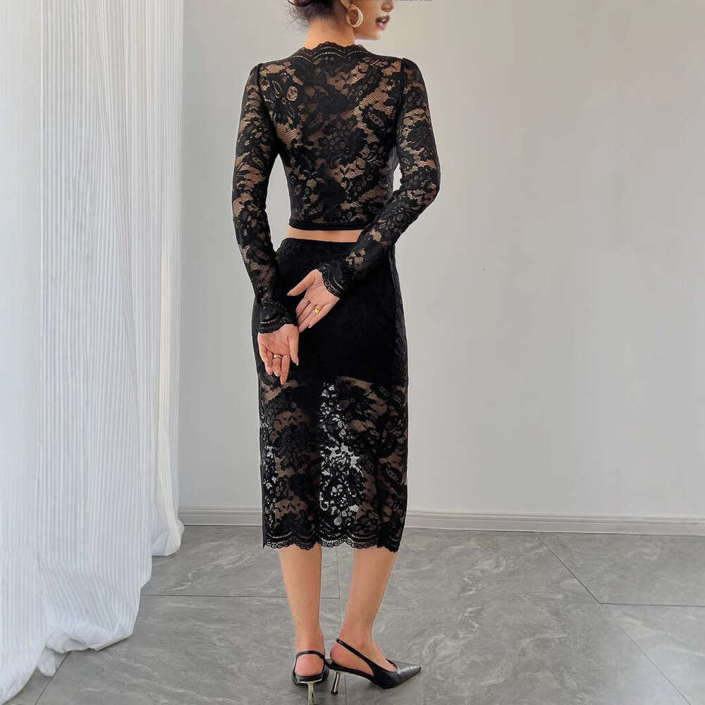 2025 Autumn and Winter New Sexy Women's Lace Jacquard Semi-Transparent Half Skirt Set
