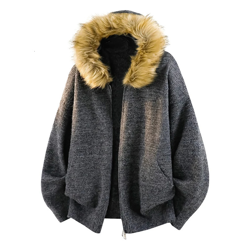 Mens Multi Color Hooded Knit Jacket Faux Fur Trim Zip Up Oversized Warm Trendy Winter Casual Outfits 250929