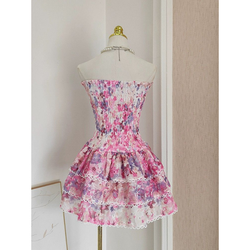 Australian Niche Design Sense High-end Beach Embroidery Print Hollow-out Ruffle Strapless Slimming Dress dongdumaoyi