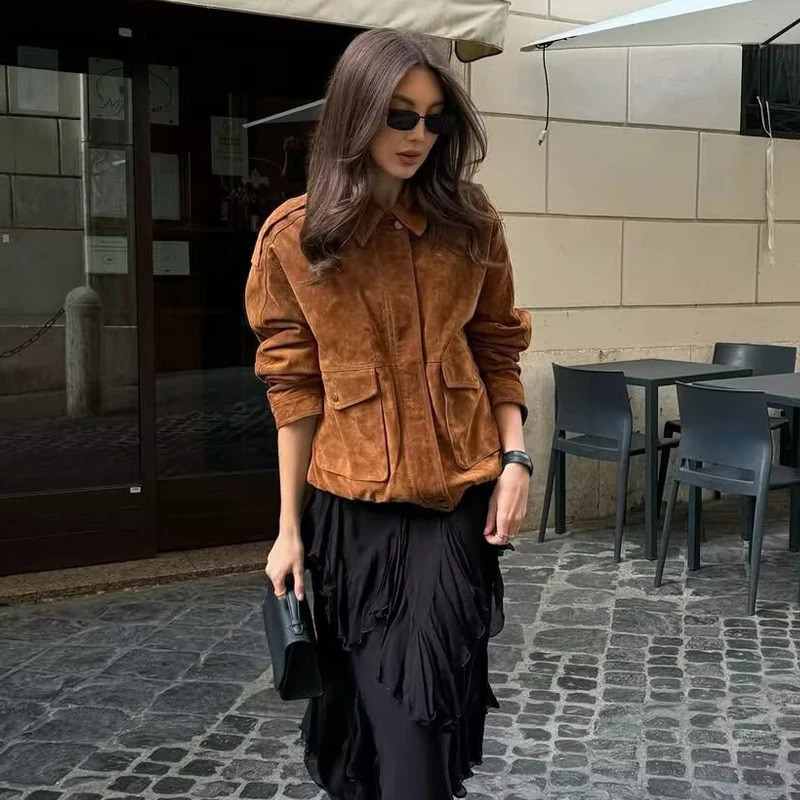 MUJER 2025 Bomber Jackets for Women Outerwears Suede Jacket Streetwear Holiday Coats Zipper in and 250930
