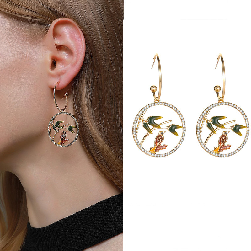 National Alloy Inlaid Dia Branch Bird High-End New Chinese Style Round for Women Simple Drop Earrings Jewelry