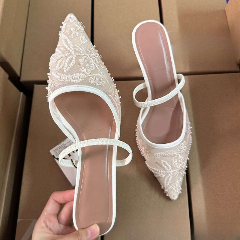 White High Heels for Mesh Embroidery Pointed Stiletto Closed Toe Sandals Women Back Strap Mules Wedding Shoes