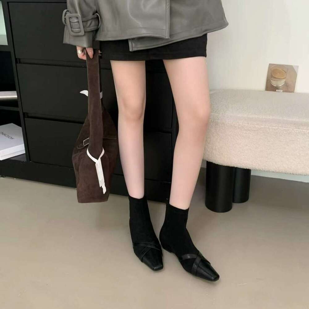 Spliced Square Toe Short for Women 2025 Autumn New Style Back Designer Shoe Zipper Slim Low heel Bare Simple Versatile Fashion Boots