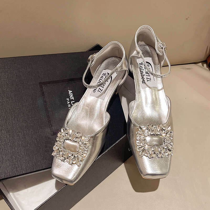 2025 Spring New French Style Toe Silver Designer Shoe Rhinestone Square Buckle Single Bowknot Chunky heel Mary Jane Shoes Fashion Sandals