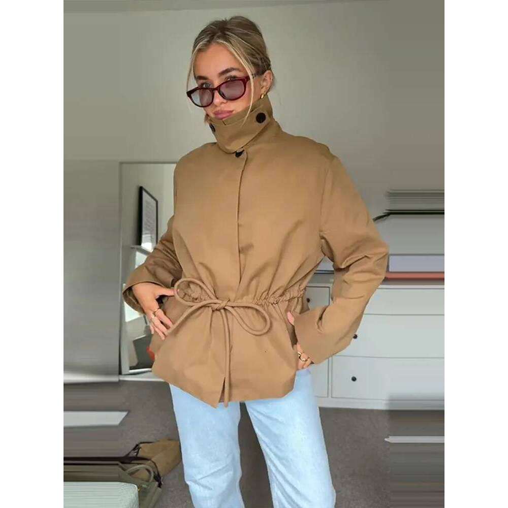 Women Solid Drawstring Short Jackets Stand Covered Button Long Sleeve Waist Casual Coat Fashion High Street Autumn Winter Coats