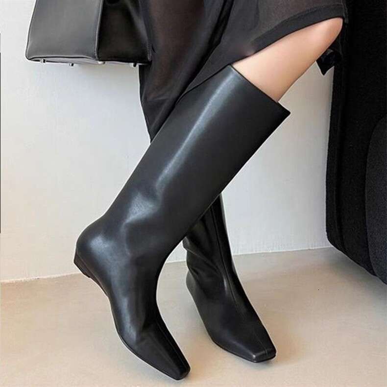 2025 Autumn Winter New Korean Fashion Simple Square Toe Versatile heelegant Low heel Riding Women's Mid-Calf Boots