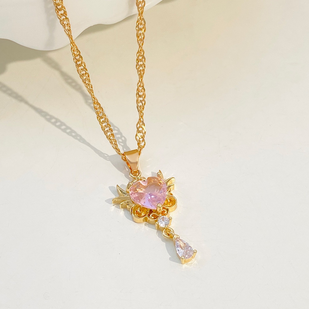 New Guardian Angel Necklace INS Style Personality Temperament Pink Crystal Heart Water Drop Pendant Collarbone Chain