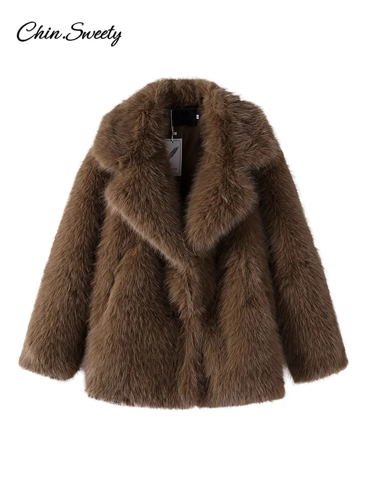 Womens Brown Faux Fur Coat Lapel MidLength Loose Plush Furry Buckle Overcoat Winter Lady Thick Warm Outwear 250930