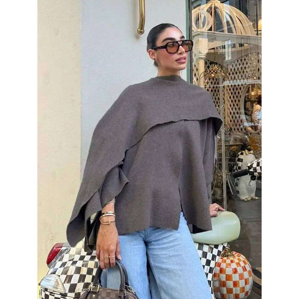 Ladies Autumn Winter Women Casual Commuter Knitted Loose Oversize Coat Asymmetric Elegant Split Chic Scarf Jacket