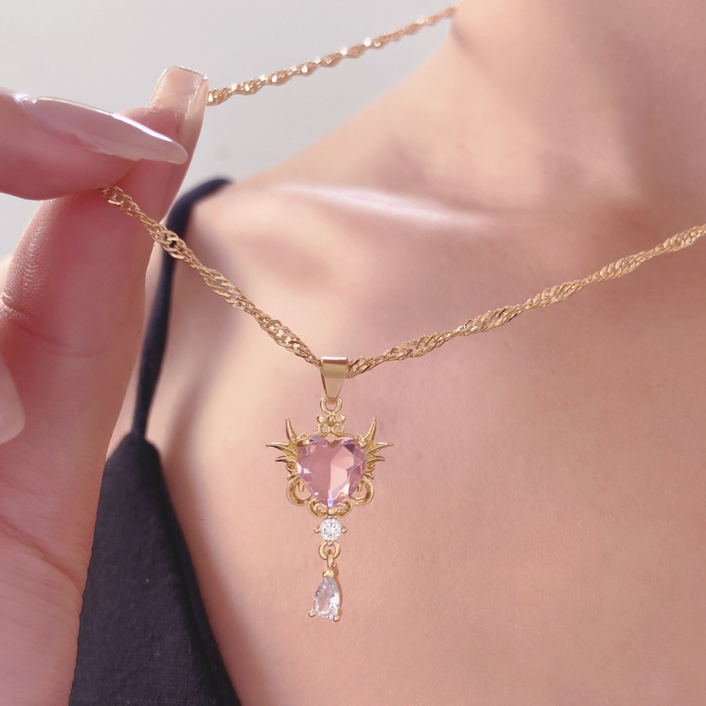 New Guardian Angel Necklace INS Style Personality Temperament Pink Crystal Heart Water Drop Pendant Collarbone Chain